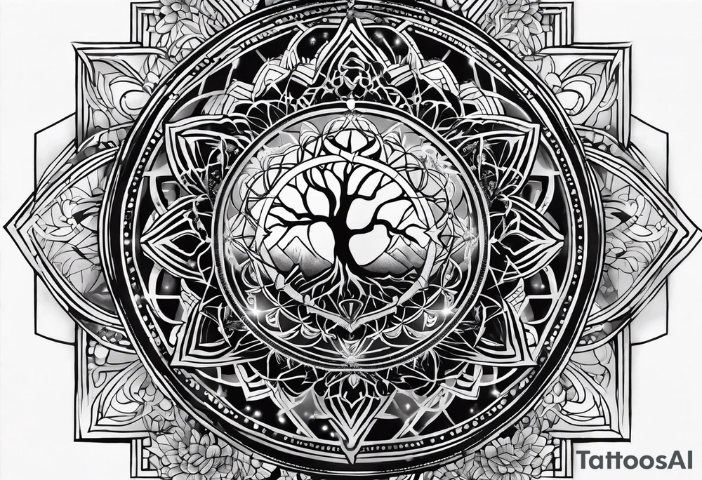 sleeve tattoo for women with symbols of sacred geometry: Metatron's cube, Kabbalah tree of life tattoo idea