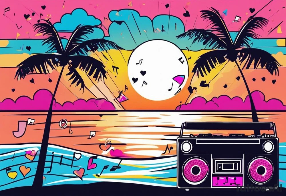 1980's miami vice style beach dance 
party, include confetti, music notes, boom box, bikinis sunset in the center tattoo idea