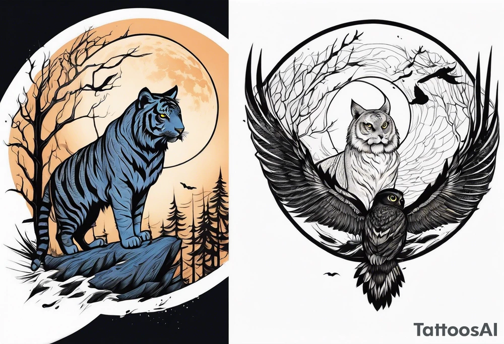 Tiger hunting a flying owl underneath a full moon in a forest tattoo idea