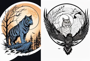Tiger hunting a flying owl underneath a full moon in a forest tattoo idea