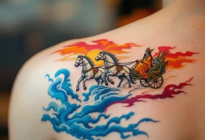 Dazhbog – A radiant sun god in fiery orange and yellow robes, riding a chariot pulled by white horses across a sky split in blue and scarlet. tattoo idea