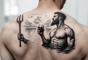 young, fit poseidon in calm water, holding a trident, drinking a beer, looking at the sky tattoo idea
