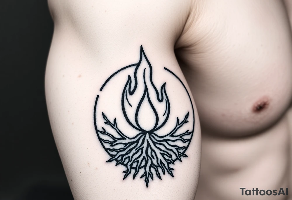 flame in a blooming roots circle tattoo idea