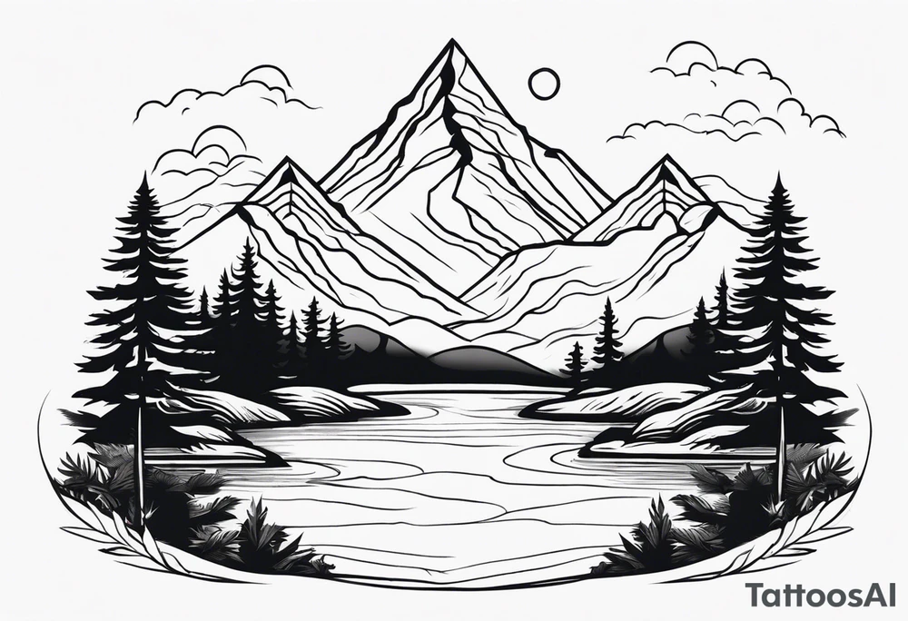 Design a symmetrical tattoo featuring a serene mountain landscape with a winding river and delicate trees, creating a balanced and harmonious composition tattoo idea