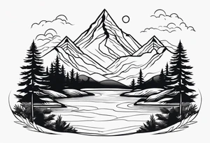 Design a symmetrical tattoo featuring a serene mountain landscape with a winding river and delicate trees, creating a balanced and harmonious composition tattoo idea