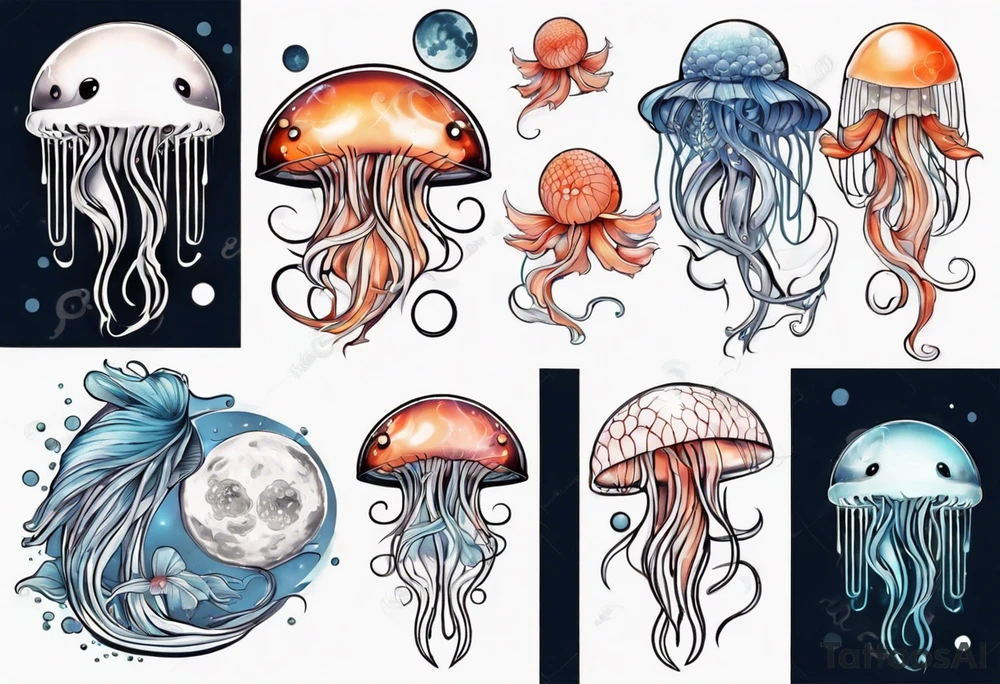 1 jellyfish with the moon in the lid. Then with mini koi carp and jellyfish swimming amongst the tentacles tattoo idea