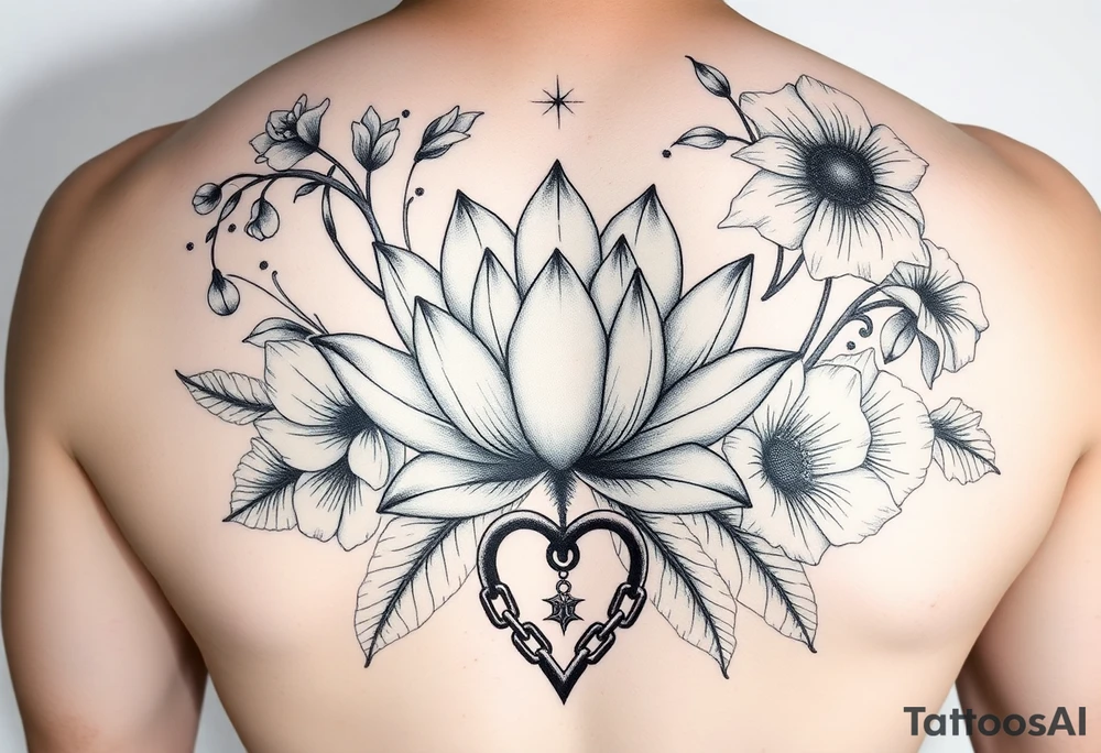 Lotus surrounded by Lilly of the valley, iris, and morning glory flowers. A heart chain and chain link weaved through whole tattoo tattoo idea