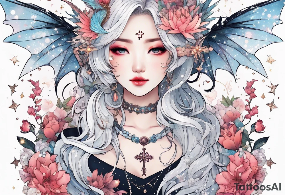 Constellation, wing , snow , cross , dragon female japan kawaii , flower tattoo idea