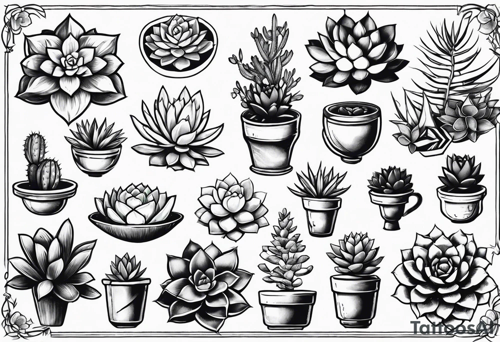 Variety of succulents plants traditional style flash sheet tattoo idea