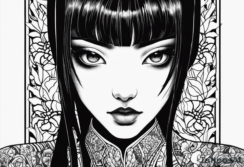 portrait of tomie by the author junji ito standing menacingly staring at the viewer.  a mole underneath her left eye tattoo idea