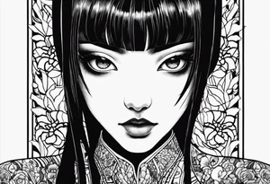 portrait of tomie by the author junji ito standing menacingly staring at the viewer.  a mole underneath her left eye tattoo idea