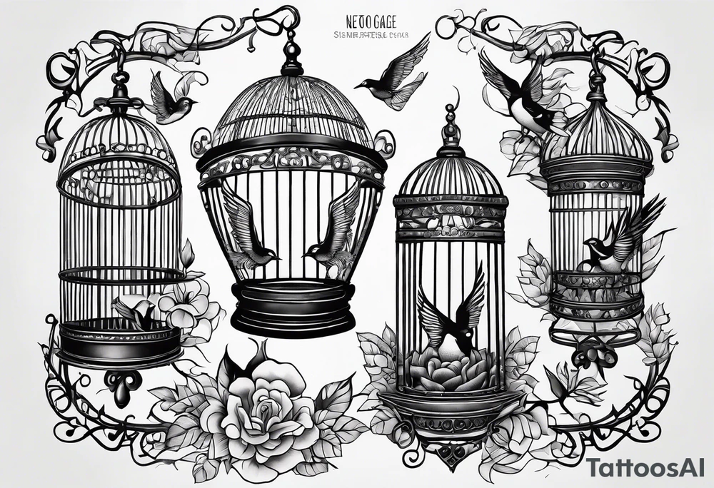 neo traditional decoration only on the left side, on the top of a long bird cage tattoo idea