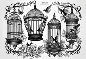 neo traditional decoration only on the left side, on the top of a long bird cage tattoo idea