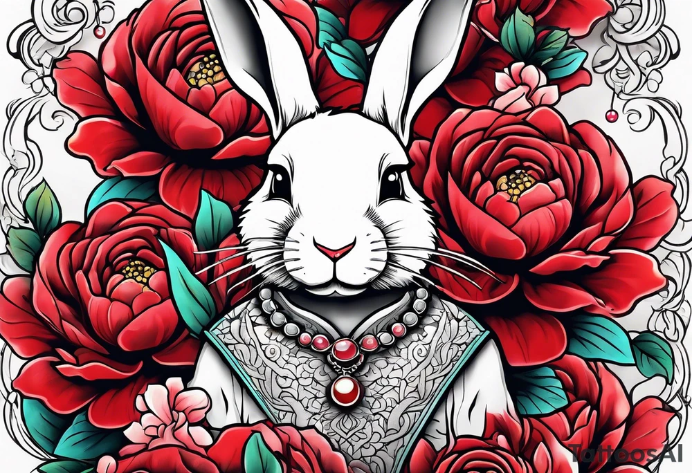 Rabbit on Red peony with dangling pearl necklace tattoo idea