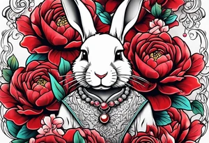 Rabbit on Red peony with dangling pearl necklace tattoo idea