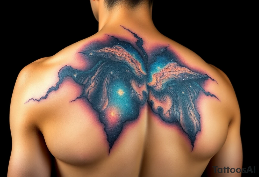 Beautiful and epic 3d milky way that appears to be what is beneath the skin. Make it drape over the shoulder and move to the middle back tattoo idea