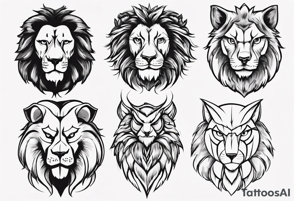A lion looking forward, with a stern expression. Behind and to the left of the lion, is a wolf looking slightly to the left, with a stern expression. Behind and to the right of the lion, is an owl looking slightly to the right, with a stern expression. tattoo idea