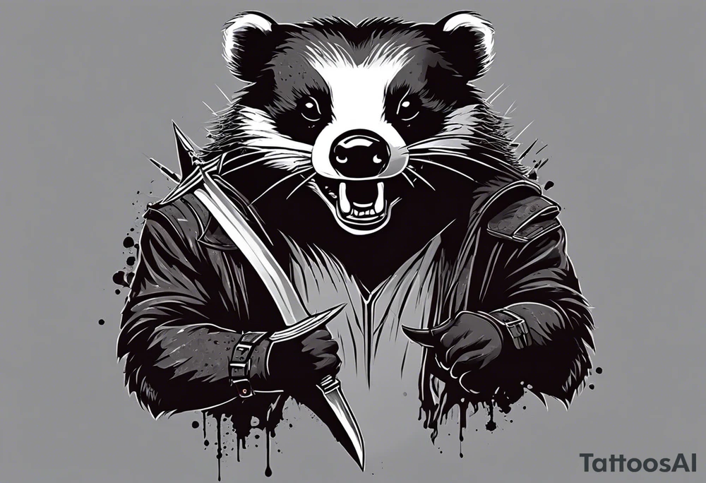 Draw me psychopath Badger/Warrior with aggressive full body, killer face with a smile, very long nails and he attacks like a Bloody Assassin to us and also, he has very deadly looking. He fights with his nails. Everybody scares after their first sight. Give me horror type Badger Tattoo. I want to see his Realistic full body. tattoo idea