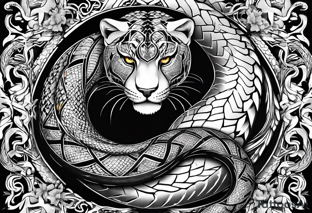 A snake and a panther To fight and wrap around the word "vitality" tattoo idea