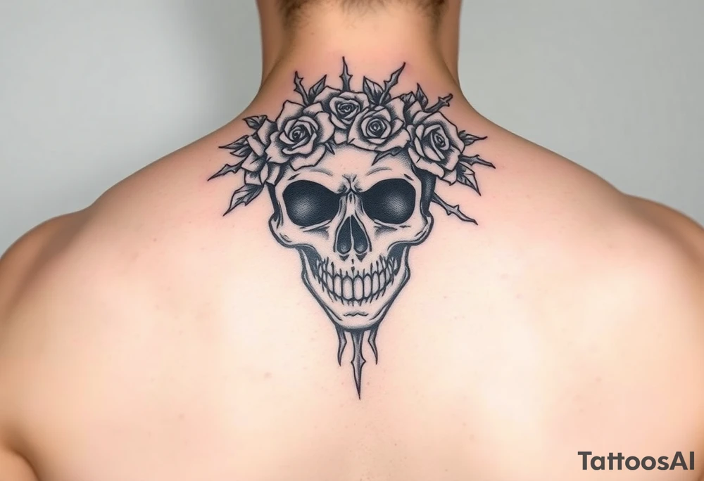 ornate skull adorned with crown of wild roses and thorns tattoo idea