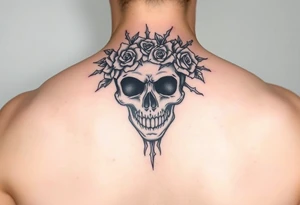 ornate skull adorned with crown of wild roses and thorns tattoo idea