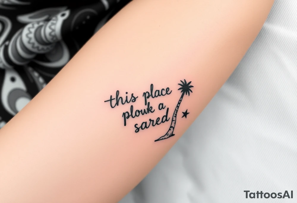 Hand written writing that says this place is sacred on the trunk of a small breadfruit tree tattoo idea