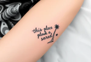 Hand written writing that says this place is sacred on the trunk of a small breadfruit tree tattoo idea