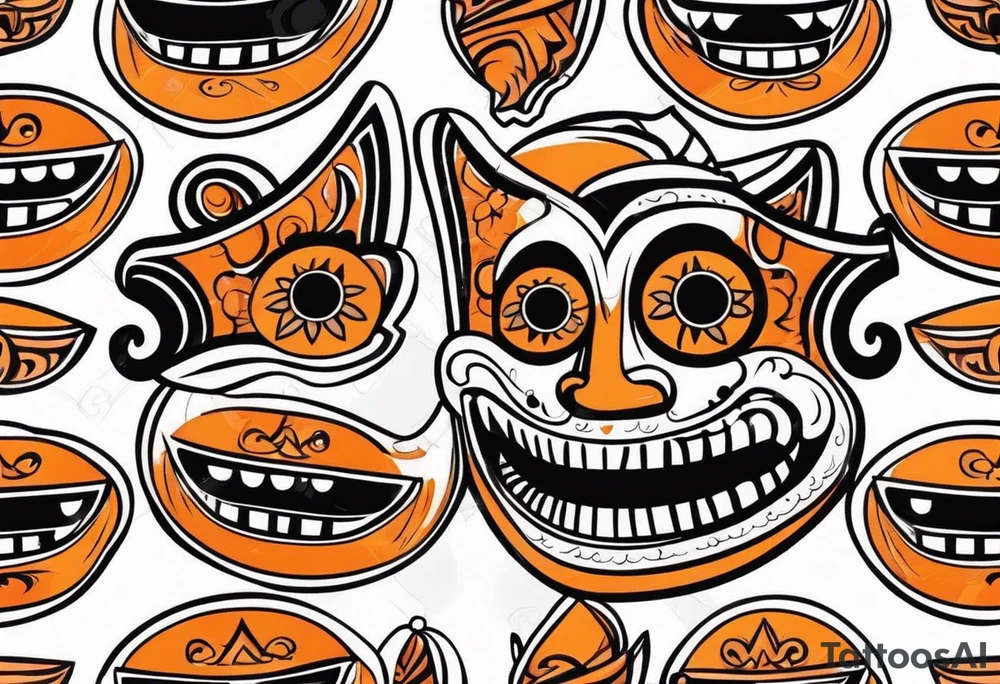 Laughing Mexican mask that is orange and black simplistic tattoo idea