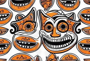 Laughing Mexican mask that is orange and black simplistic tattoo idea