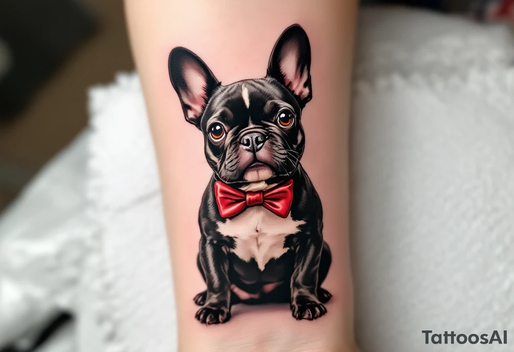French Bulldog wearing a bowtie, sitting upright with alert ears, black fur with chest patch in white, and red bowtie for contrast. tattoo idea