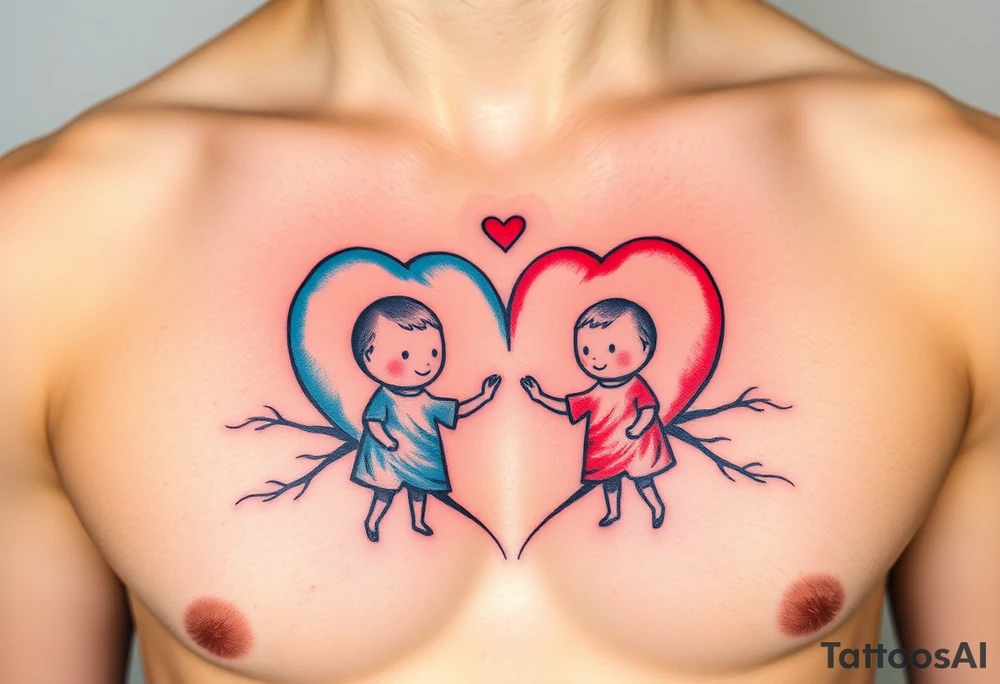 Red and blue hearts with their children tattoo idea