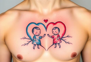 Red and blue hearts with their children tattoo idea