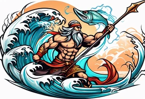 muscular
god 
posideon fighting a sport fish with a trident tattoo idea