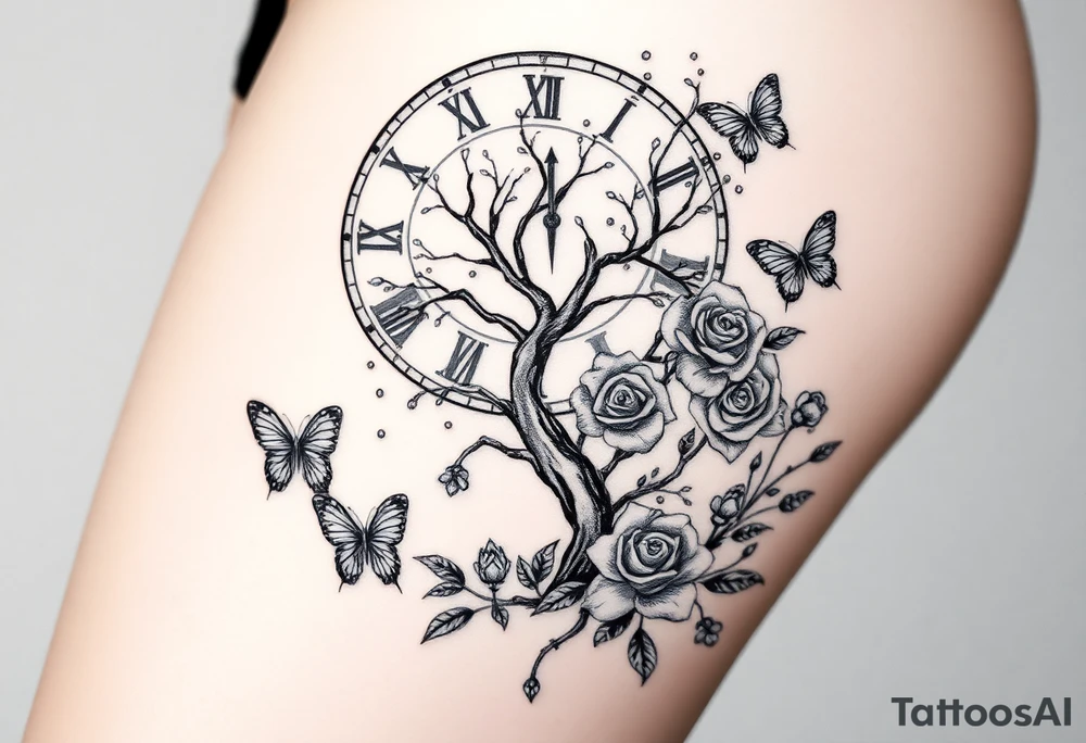 a big clock, poisoned tree, big and small roses, big and small butterflies tattoo idea