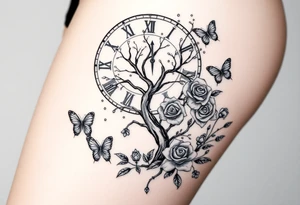 a big clock, poisoned tree, big and small roses, big and small butterflies tattoo idea