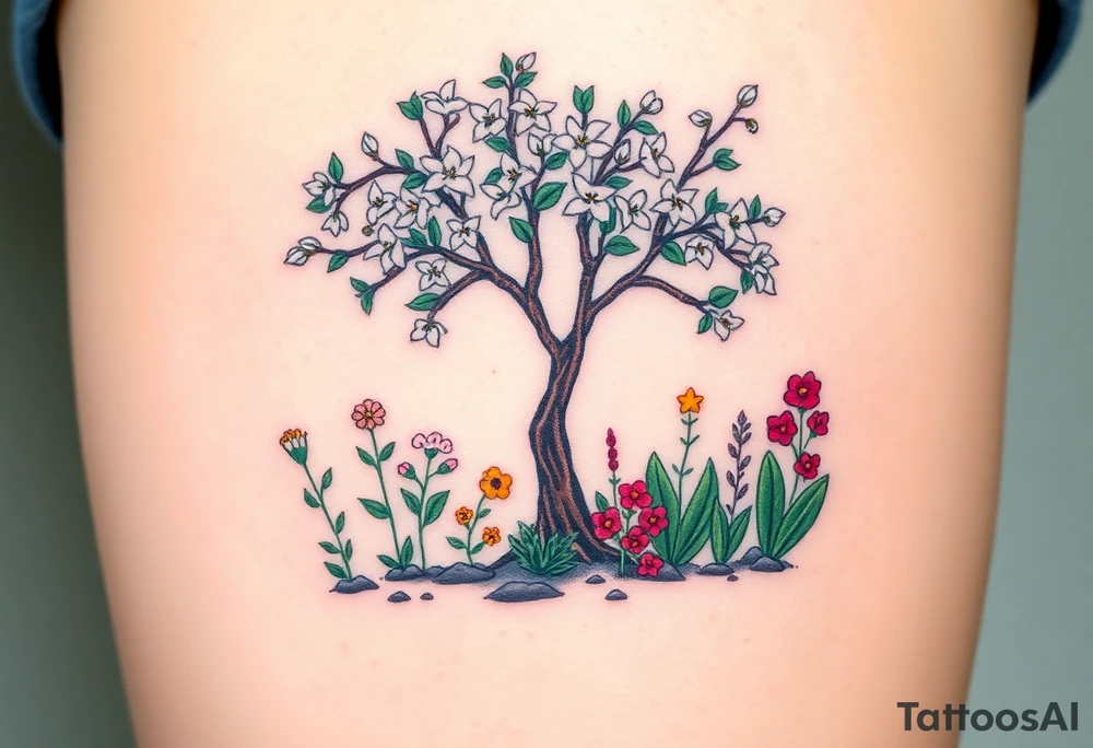 Lilly of the vally plants underneath a blooming hawthorn tree with other colorful plants on ground tattoo idea