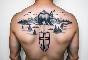 A full-armsleeve with the Härjedalen landscape, reindeer, bear, lakes, mountains (Helags), cross and Härjedalen's coat of arms on the hand tattoo idea