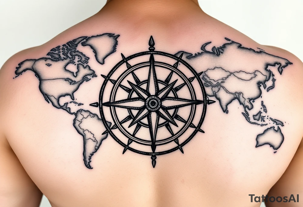 antique compass rose overlaid on weathered world map with sailing ships tattoo idea