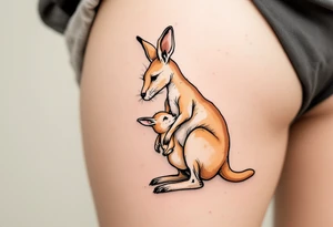 A kangaroo in warm beige carrying her joey in her pouch illustrates safety, nurturing, and constant closeness. tattoo idea