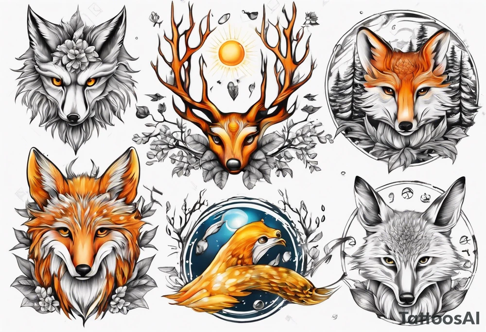 sonne, eule  wald, fuchs 
baum, sapere aude, Wasser, fisch tattoo idea