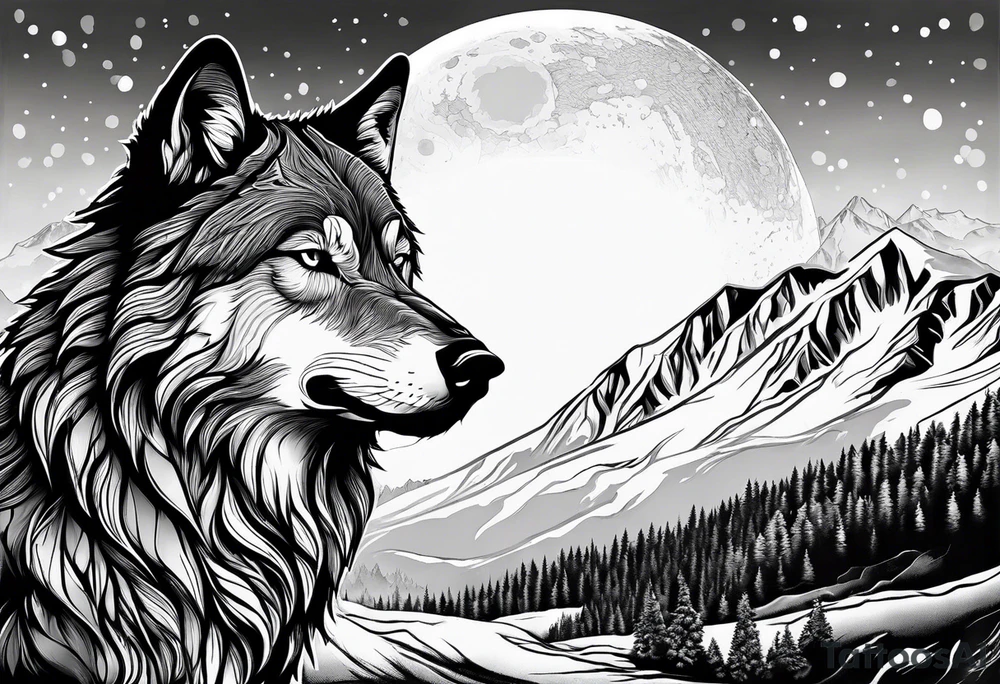 Wolf head in front of snowy mountains howling at a moon tattoo idea