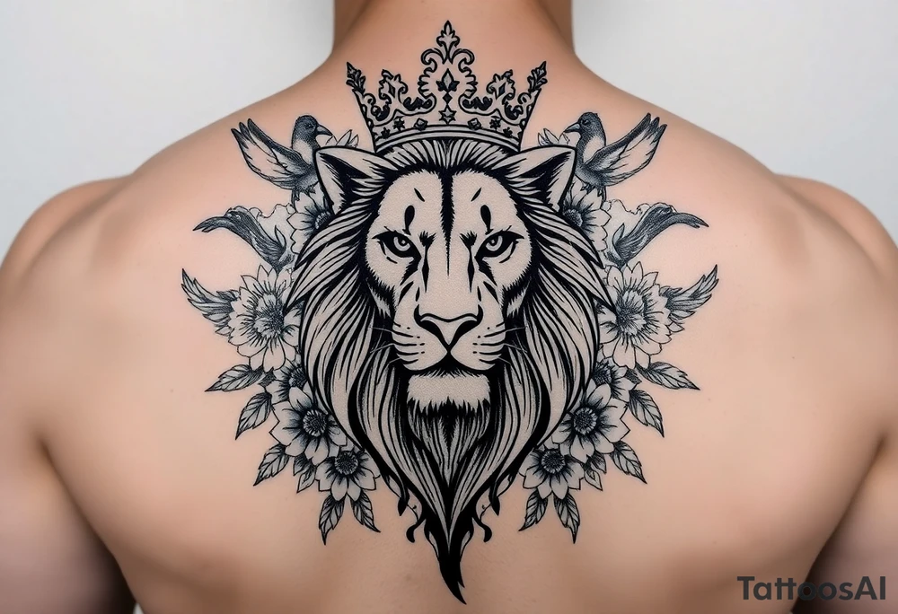 powerful majestic lion with a crown, surrounded by floral ornaments and birds tattoo idea