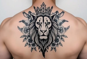 powerful majestic lion with a crown, surrounded by floral ornaments and birds tattoo idea