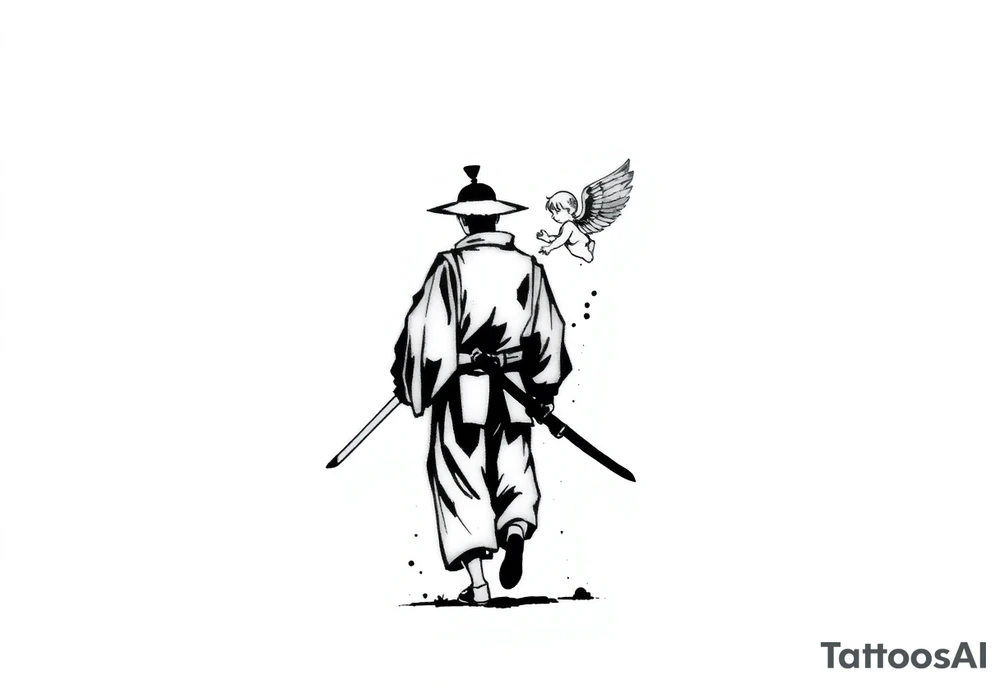 "Blackwork tattoo sketch of a lone samurai walking forward, shown in dramatic silhouette style. The samurai wears traditional kimono and hakama, holding a katana in one hand with the blade pointing downward. Behind him floats a small child angel with detailed feathered wings, gently touching the samurai’s back with one hand, as if stopping or guiding him. Strong contrast, dynamic ink splatter, rough brush strokes, Japanese sumi-e vibe, emotional and symbolic composition, high detail linework, no background." tattoo idea