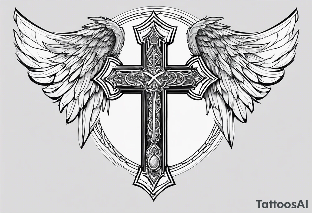 angel wings tattoo with a cross and the letters DJ in it tattoo idea