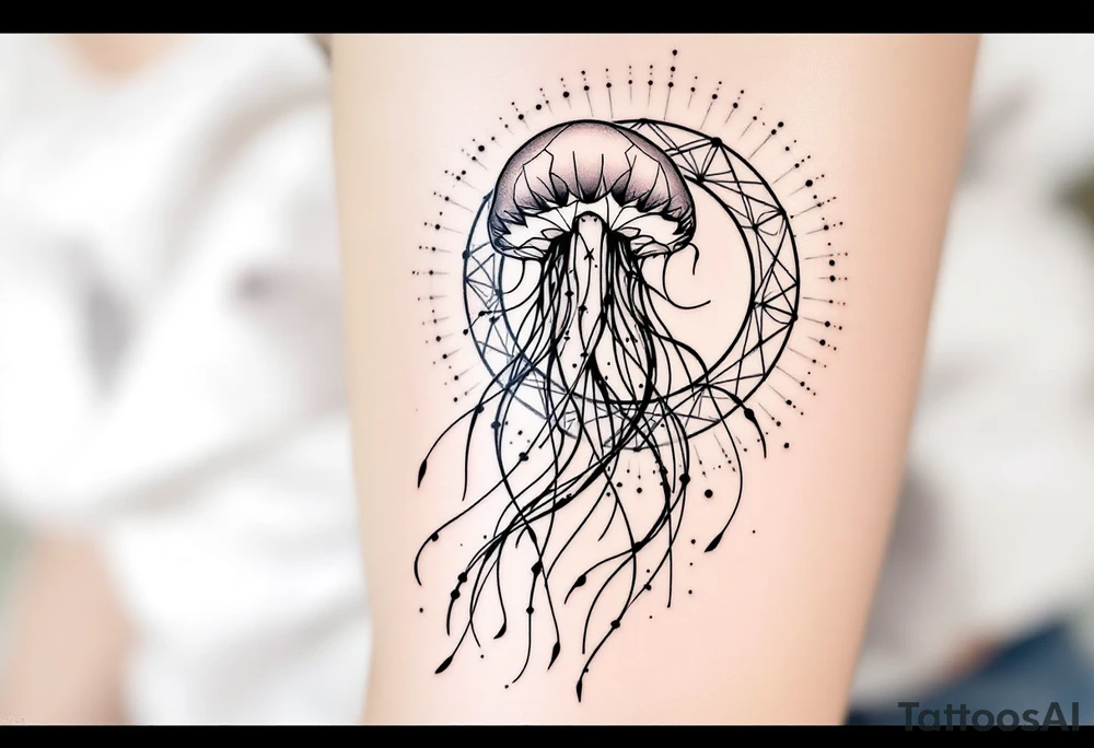 fine-line tattoo, single jellyfish, sacred geometry surround, dotwork patterns, jellyfish bell dome, flowing tentacles, trailing streamers, geometric mandala, radiating dotwork, minimalist design, black grey lines, soft shading, no outlines, geometric frame, organic jellyfish form, upper arm shoulder placement, light airy feel, delicate linework, geometric backdrop, refined elements, clean lines, radiating patterns, jellyfish centerpiece tattoo idea