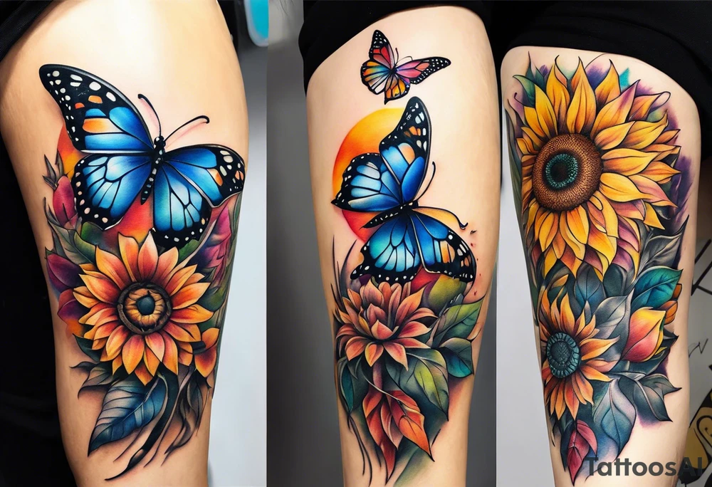 Quarter Leg sleeve with dreamcatcher, rainbow sunflowers and one butterfly tattoo idea