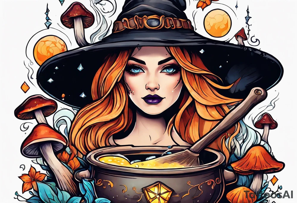 Witchy vibes with a broom, boiling pot, spell book, crystals, and mushrooms tattoo idea