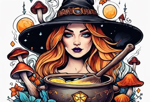 Witchy vibes with a broom, boiling pot, spell book, crystals, and mushrooms tattoo idea