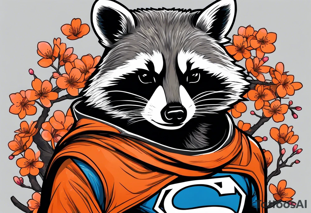 Raccoon wearing a white Superman logo on a black hoodie and orange Japanese cherry blossoms beside tattoo idea
